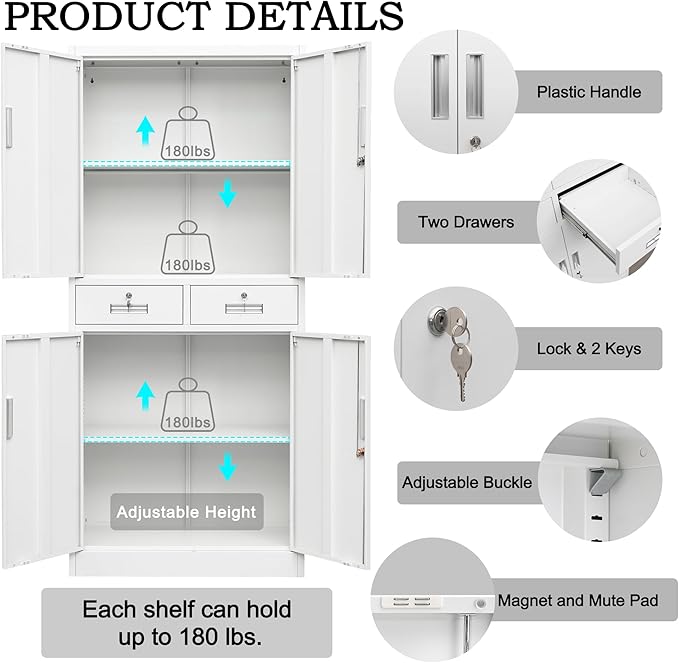 Metal Storage Cabinet, Locking Storage Cabinet with Adjustable Shelves and 2 Drawers, 16" D x 32" W x 71" H Steel Cabinets for Office, Garage, Home, Classroom, Utility Room(White)