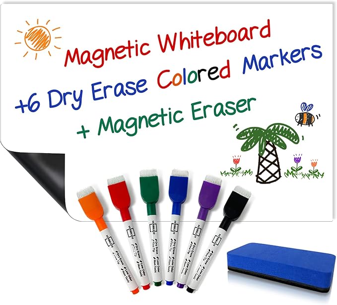 Magnetic Fridge Whiteboard Sheet for Kitchen Refrigerator - Dry Erase Magnetic White Board Organizer & Planner 11"x17" Strong Magnet Includes 6 Markers and Big Eraser