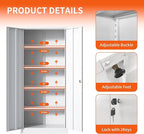 Metal Storage Cabinet with Adjustable Shelves, Garage Tool Cabinet with 2 Lockable Doors for Office, Home, Garage, Require Assembly, White
