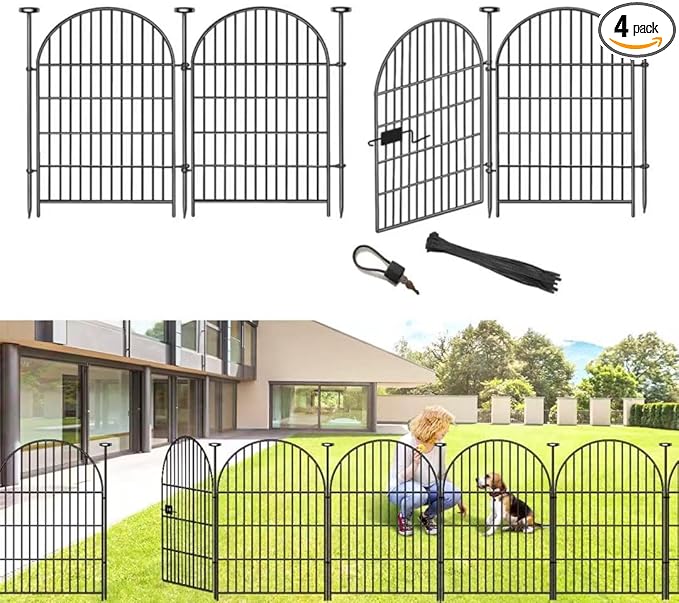 Adavin Tall Garden Fence Animal Barrier with Gate, 40 in(H)×8.8ft(L) 4 Panels No Dig Fence for Dogs, Rustproof Metal Wire Temporary Fences for Dogs Rabbits, Black Garden Fencing for Yard Lawn Patio