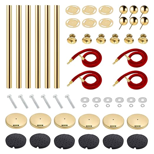 VEVOR Velvet Ropes and Posts 6 Pcs Red Velvet Rope 5 ft, Stanchions Solid Base with Ball Top, Crowd Control Barriers Gold Stanchions, Red Carpet Poles, Crowd Control Ropes and poles for Party Supplies