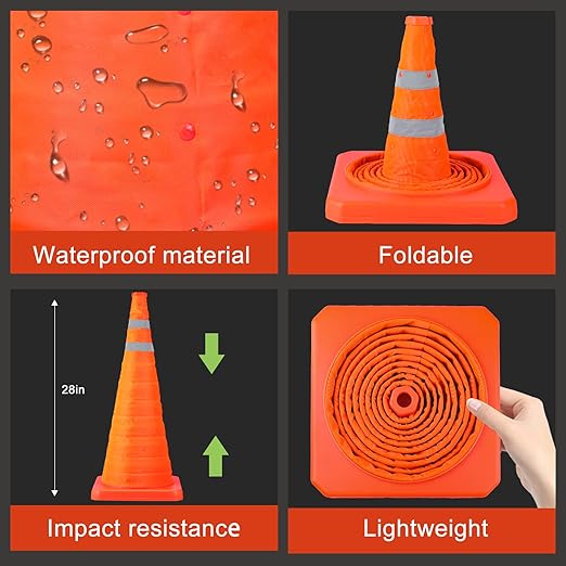 [2 Pack]28 Inch Collapsible Traffic Safety Cones - Parking Cones with Reflective Collars, Orange Safety Cones for Parking lot, Driveway, Driving Training etc