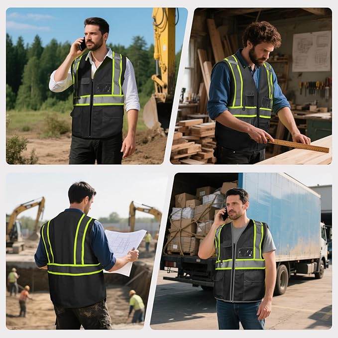 Safety Vest Customize Logo with 5 Pockets & Zipper Reflective High Visibility Vest Class 2 Outdoor Workwear