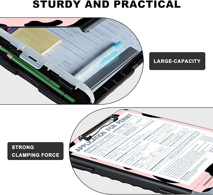 Clipboard with Storage,Storage Clipboard with Pen Holder,Heavy Duty Plastic Storage Clipboard with Low Profile Clip, Clipboard Folder, Teacher Must Haves, Office Supplies,Cute Cows Pink