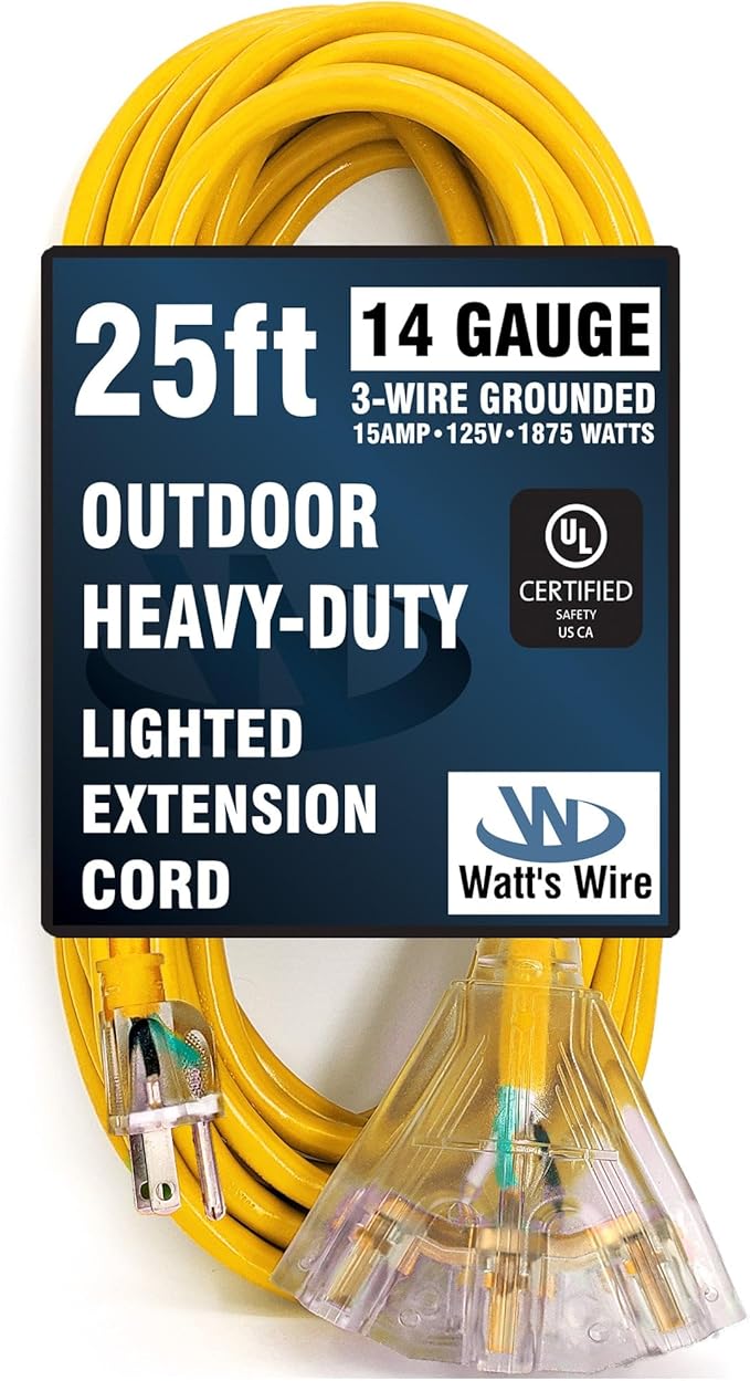 25 ft Outdoor Extension Cord Waterproof - 14 Gauge Heavy Duty Extension Cord 25 ft - Lighted Outdoor Extension Cords with Multiple Outlets - Watts Wire - 25' Grounded - extensiones electricas