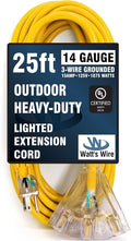 25 ft Outdoor Extension Cord Waterproof - 14 Gauge Heavy Duty Extension Cord 25 ft - Lighted Outdoor Extension Cords with Multiple Outlets - Watts Wire - 25' Grounded - extensiones electricas