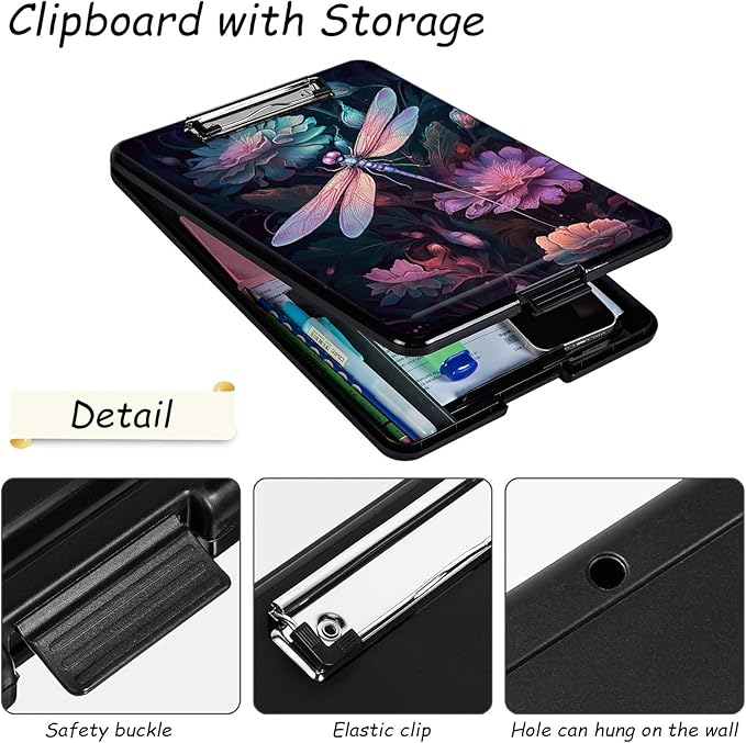 Clipboard with Storage, High Capacity Plastic Storage Clipboard with Low Profile Clip for Women Teachers Work, School & Office Supplies, Cute Pattern Decorative Clipboards, Dragonfly