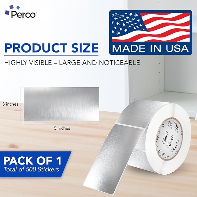 Perco Metallic Silver 3x5 Inch Perforated Sticker Labels — 500 Stickers Per Roll — with Permanent Adhesive for Product Labeling, Gift Boxes, Event Signage, Decorative Packaging & More — Made in USA
