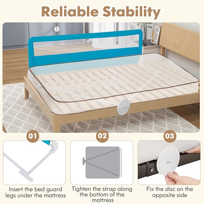 BABY JOY Bed Rails for Toddlers, 71'' Extra Long, Upgraded Swing Down Bed Guard w/Safety Strap, Folding Baby Bedrail for Kids Twin, Double, Full Size Queen & King Mattress (71-Inch, Blue)