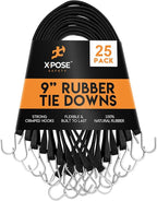 Rubber Bungee Cords with Hooks 25 Pack 9 Inch (14” Max Stretch) Heavy-Duty Black Tie Down Straps for Outdoor, Tarp Covers, Canvas Canopies, Motorcycle, and Cargo - by Xpose Safety