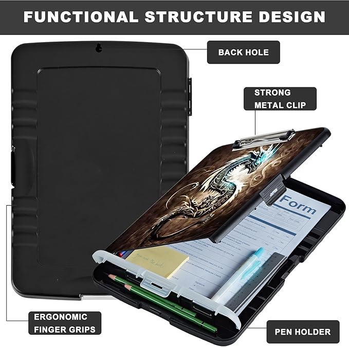 Clipboard with Storage,Heavy Duty Plastic Storage Clipboard with Low Profile Clip,Teacher Must Haves,Office Supplies,Dragon