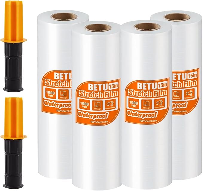 Stretch Film Shrink Wrap for Moving Supplies (15inch, 4 Pack) x 1000ft, Industrial Strength Plastic Wrap Stretch Roll for Pallet Wrapping Shipping Moving Boxes Storage Furniture with Handles, Clear
