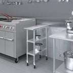 AmGood Stainless Steel Work Table with 2 Shelves and Casters | Metal Utility Table On Wheels (Stainless Steel Work Table with 2 Shelves + Casters, 12" Long x 30" Deep)
