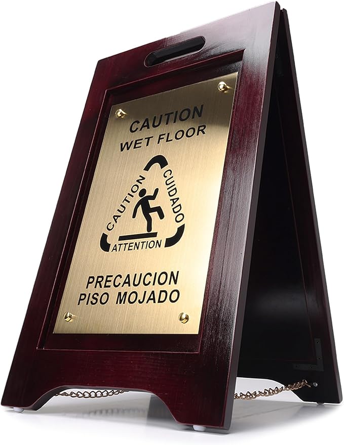 Premium Wooden Caution Wet Floor Sign – Bilingual w/Non-Skid Plastic Feet – For Hotels, Schools, Offices, Areas, Restrooms, Pool Decks & Shops - Brass Plate - (2 Pack)