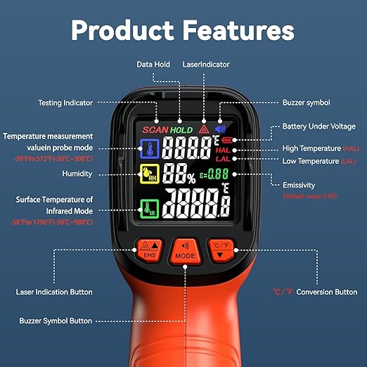 Infrared Thermometer Gun, Include K-Type Probe for Humidity, -58°F to 1796° F Digital Laser Temperature Gun for Cooking, 16:1 IR Temp Gun for Griddle, Pizza Oven, Engine, HVAC, Industrial & Home Use