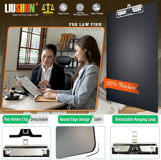Legal Aluminum Clipboard Metal w/Stainless Hangable Pen Holder Writing Low Profile Large Clip Board 9" x 15.5" Message Tabletop for Lawers Office Business Workshop Factory Supplies (Black, Legal)