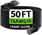 HUANCHAIN Black Outdoor Extension Cord 50 ft Waterproof, Indoor 16/3 Gauge Flexible Resistant Appliance Extension Cord Outside, 13A 1625W 16AWG SJTW, 3 Prong Electric Cable, ETL Listed