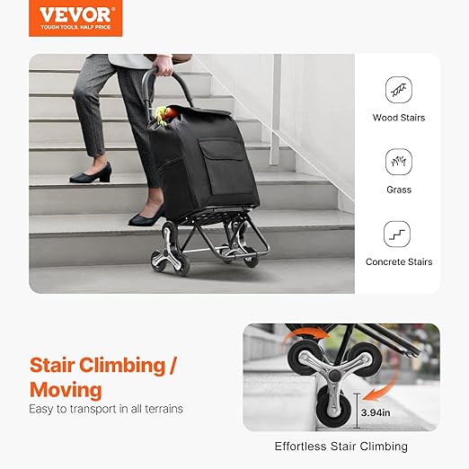 VEVOR Stair Climber Cart, 36L Capacity, Grocery Cart Laundry Stair Climbing Handcart with 6 Wheels & Oxford Cloth Bag, Foldable Stair Climber Hand Truck for Grocery Laundry, Black
