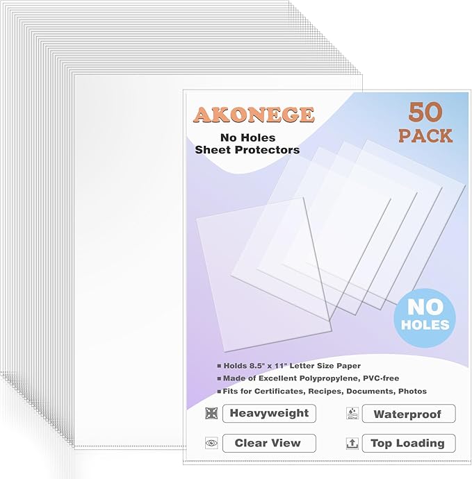 AKONEGE 50 Pack No Holes Sheet Protectors 8.5 x 11 Inch Letter Size Page Protectors for Documents, Prints, Top Loading Heavyweight Clear View Plastic Sleeves for Papers, Artworks, Photos