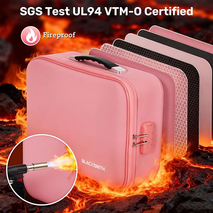 BlackSmith Fireproof Document Box, 4200°F Heat Resistant & Waterproof Hard Case 13 Layers File Organizer with Lock, Portable Safe for Important Documents, Certificates, Travel Use-Pink