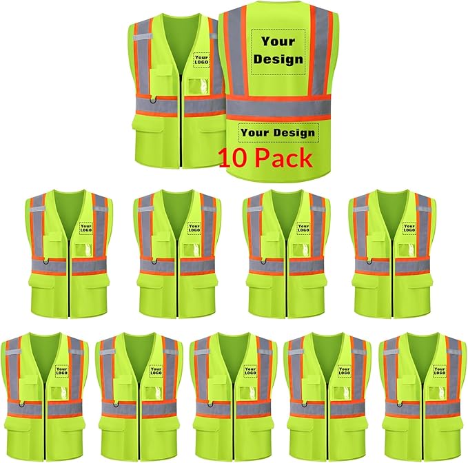Safety Vest Customize Logo with 5 Pockets & Zipper Reflective High Visibility Vest Class 2 Outdoor Workwear