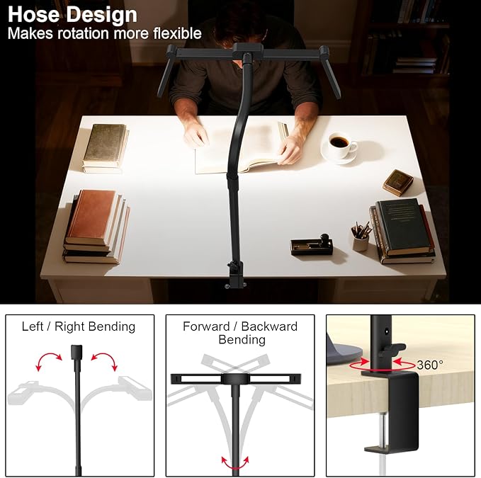 3 Light Bar Gooseneck Architect Desk Lamp with Clamp, 24W Bright Led Tall Overhead Desk Light for Home Office,Eye Care Reading Table Light for Desktop Working,Drafting,Reading