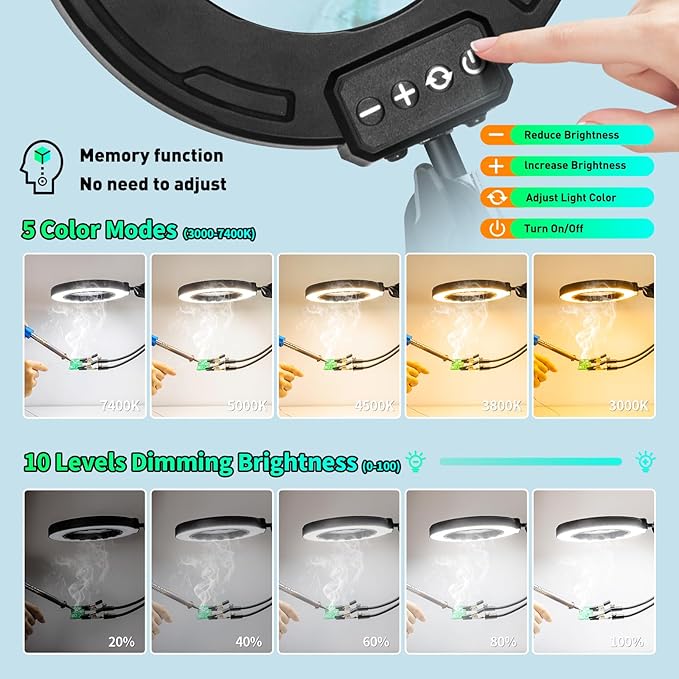 12X Magnifying Glass with Light and Clamp, Ultra Long 3-Section Arm LED Lighted Desk Magnifier, Helping Hand Solder Station, 5 Color Stepless Dimming, 4-Way Large Clip for Craft Workbench Repair