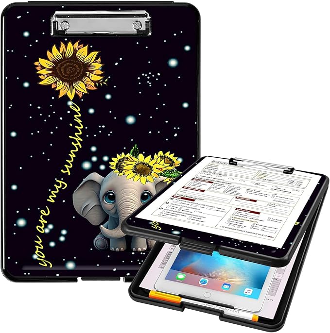 A4 Clipboards,Heavy Duty Waterproof Nursing Plastic Folder Clipboard with Storage Clip Boards,File Folder Storage Box Clipboard Case for Teacher,Doctor,Offices,Elephant Sunflower