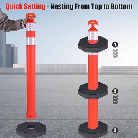Traffic Delineator Post Cones with Heavy-Duty Octagonal Rubber Base, Channelizer Post Kit for Road Construction Work, Traffic Guidance, Garage Parking, Crowd Control (3, 42")