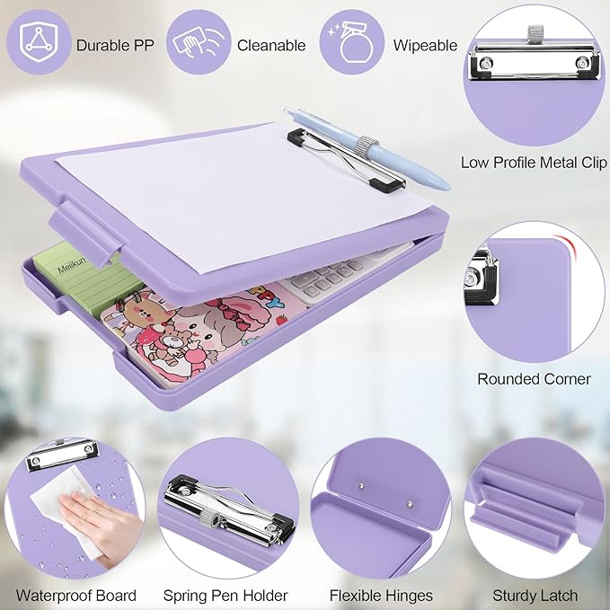 Small Clipboard with Storage, A5 Clipboards with Pen Holder, Half Letter Clip Boards 6x9 Mini Plastic Clipboard with Low Profile Clip for Classroom, School, Office Supplies (Light Purple)