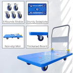 Doppy Flatbed Cart, 1320lbs Heavy Duty Capacity Platform Hand Truck 360 Degree Swivel Wheels Foldable Push Hand Cart for Loading and Storage, Warehouse (Blue)