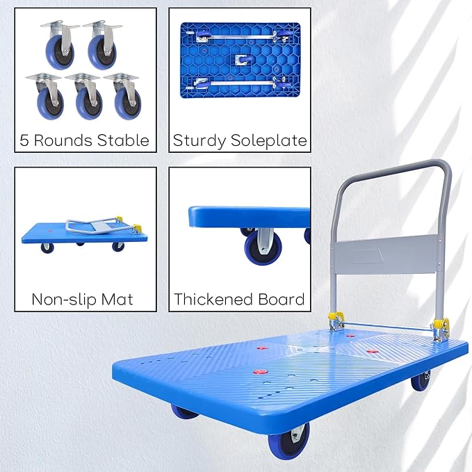 Doppy Flatbed Cart, 1320lbs Heavy Duty Capacity Platform Hand Truck 360 Degree Swivel Wheels Foldable Push Hand Cart for Loading and Storage, Warehouse (Blue)