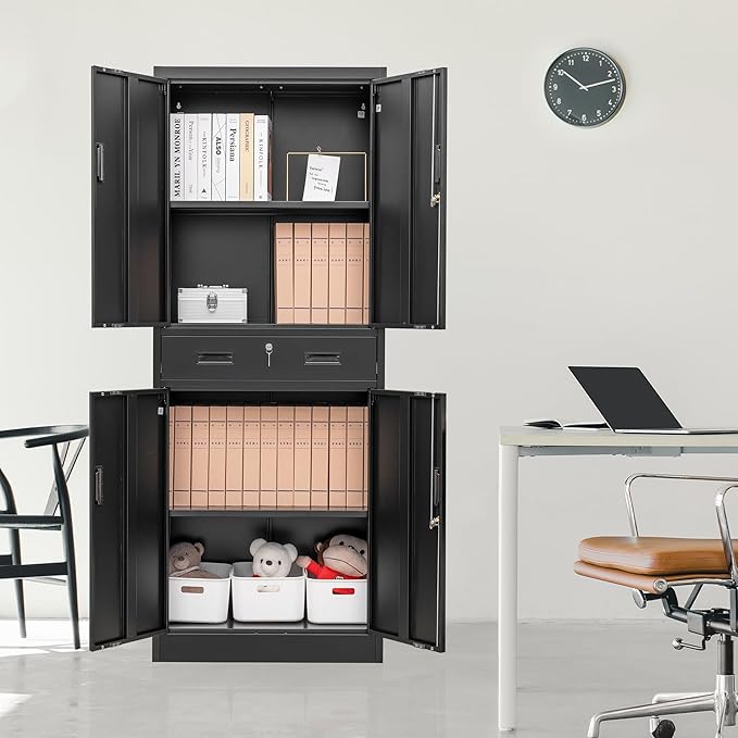 Metal Storage Cabinet, 71" H x 28" W x 16" D Locking Storage Cabinet with Adjustable Shelves and One Drawer, Steel Cabinet for Office, Garage, Home, School, Utility (Black)