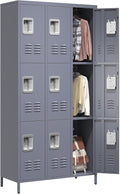 72" Tall Emplyee Locker with Shelves and Hooks 9 Doors Steel Sports Locker for Office Home Bedroom School Gym Garage, Metal Staff Locker Locking Storage Lockers Cabinet,Grey