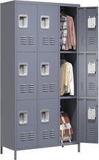 72" Tall Emplyee Locker with Shelves and Hooks 9 Doors Steel Sports Locker for Office Home Bedroom School Gym Garage, Metal Staff Locker Locking Storage Lockers Cabinet,Grey