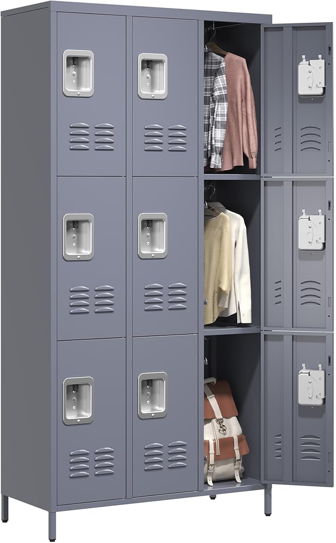 72" Tall Emplyee Locker with Shelves and Hooks 9 Doors Steel Sports Locker for Office Home Bedroom School Gym Garage, Metal Staff Locker Locking Storage Lockers Cabinet,Grey