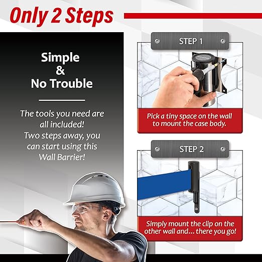DuraSteel Wall Mount Crowd Control Retractable Belt Barrier - 9.2 Ft Blue Retractables Barrier Belt w/Stainless Steel Casing - Do Not Enter Crowd Control Barriers NOT Stanchions with Retractable Belts