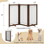 Wire Dog Gate Solid Wood Frame, Anti-Chewing, 3-Panel, 36" Height, 60" Width, Indoor Freestanding Pet Gate Foldable Wooden Dog Fences for Stairs, House, Doorway, Walnut Color