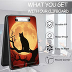 Clipboard with Storage, High Capacity Plastic Storage Clipboard with Low Profile Clip for Women Teachers Work, School & Office Supplies, Cute Pattern Decorative Clipboards, Moon Black cat