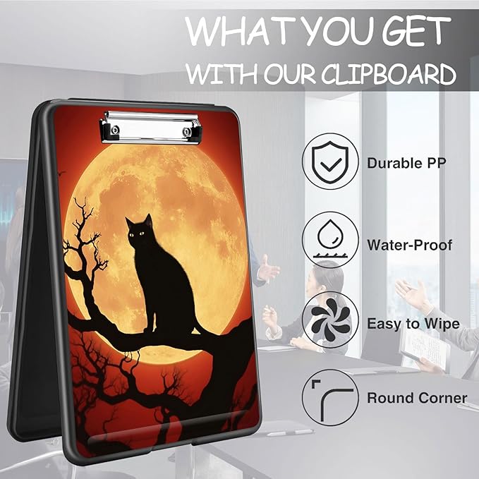 Clipboard with Storage, High Capacity Plastic Storage Clipboard with Low Profile Clip for Women Teachers Work, School & Office Supplies, Cute Pattern Decorative Clipboards, Moon Black cat