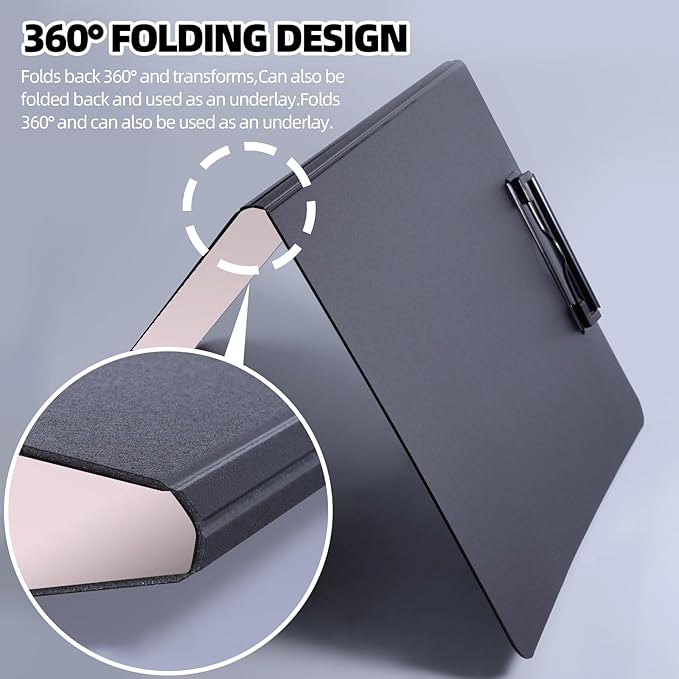 Clipboard Folder, A4 Foldable Clipboard with Horizontal and Vertical Double Metal Clips, 360 Degree Foldable Binder Clipboards with Pen Holder, File Cover Work Folder Clipboards, Pink