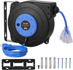 VEVOR Retractable Extension Cord Reel, 45 FT, Heavy Duty 12AWG/3C SJTOW Extension Power Cord with Lighted Triple Tap Outlet, 15A Circuit Breaker 180° Swivel Bracket for Ceiling or Wall Mount, Blue
