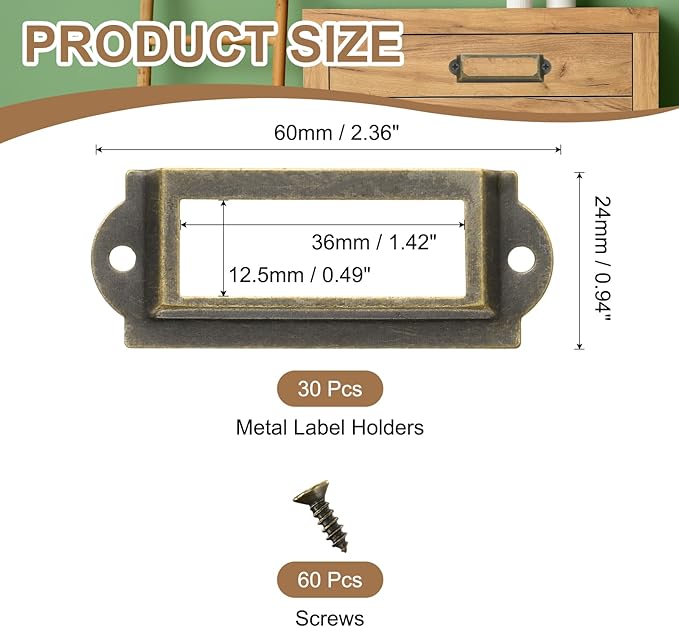 PATIKIL 60x24mm Metal Label Holders, 30 PCS Label Name Card Tag Frames with Screws for Office Library File Cabinets Shelves Wood Drawers Fabric Bins, Bronze