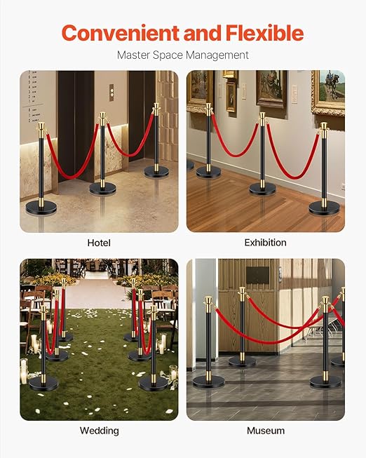 VEVOR Stanchions and Velvet Ropes, 6 Pcs Crowd Control Barriers with 4 Red Velvet Ropes, Stainless Steel Stanchion Post Queue with Sand Injection Hollow Base for Theater, Wedding, Party Supplies
