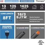 13 Amp Outdoor Extension Cord 8 ft, 16/3 SJTW 8 Foot Black Extension Cord 3 Prong, Weatherproof Exterior Power Cable for Outside Lights & Lawn, UL Certified - US Veteran Owned