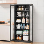 VINGLI Lockable Display Cabinet with Glass Doors & 5 Adjustable Shelves, 71" Tall Black Metal Storage Cabinet Curio Liquor, Bookshelf Bookcase for Home Office Living Room Pantry Garage