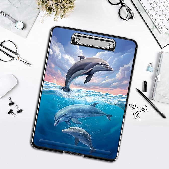 Clipboard with Storage,Office Supplies Nursing Clipboards Folder with Pen Holder Plastic Foldable Clip Board with Storage for Nurse Teacher,Cute Dolphin
