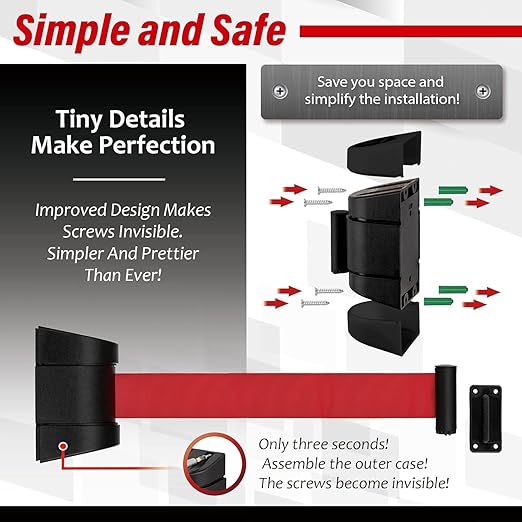 DuraSteel Wall Mount Retractable Belt Barrier - 6.5 Ft Red Safety Belt in Black Casing - Guardian 2.0 Indoor & Outdoor Do Not Cross Caution Tape for Crowd Control Queue Barrier, Line Divider, 10 Pcs