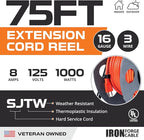 IRON FORGE CABLE 75 Ft Extension Cord Reel with 4 Electrical Power Outlets & Breaker Switch - 16/3 SJTW Heavy Duty Orange Cable with 3 Prong Grounded Plug, Portable Cord Reel