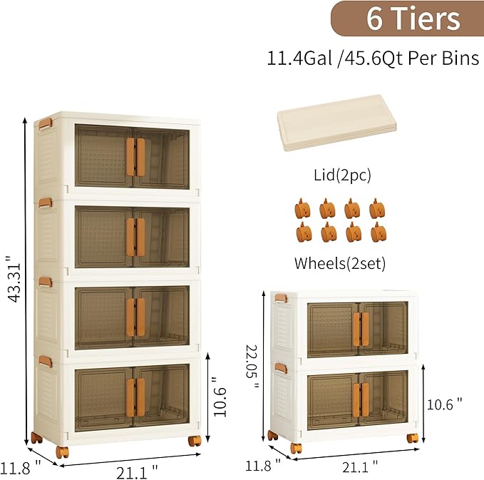 Plastic Stackable Storage Bins with 2 Lids and Wheels, 273.6QT-45.6QT*6Tier Foldable Closet Organizers and Containers, Collapsible Clear Drawer Storage Cabinet with Doors Ivory White